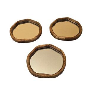 Set Of 3 Handcrafted  Wood Frame Wall Mirrors 8.75" X 8.75"  Organic Natural
